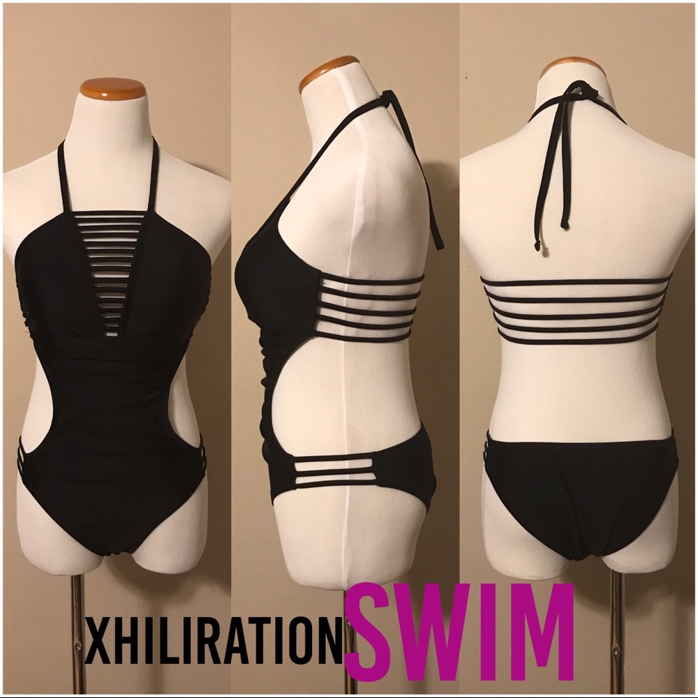 Black strappy one piece monokini swimsuit